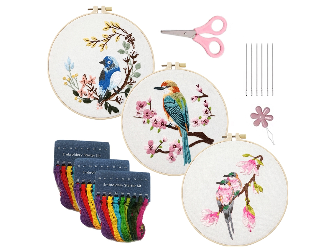 MEOIRUERY 3 Kits de Bordado de Aves para Principiantes, Kit Inicial para Adultos con Diseño de Flores Punto de Cruz Manualidades con Instrucciones