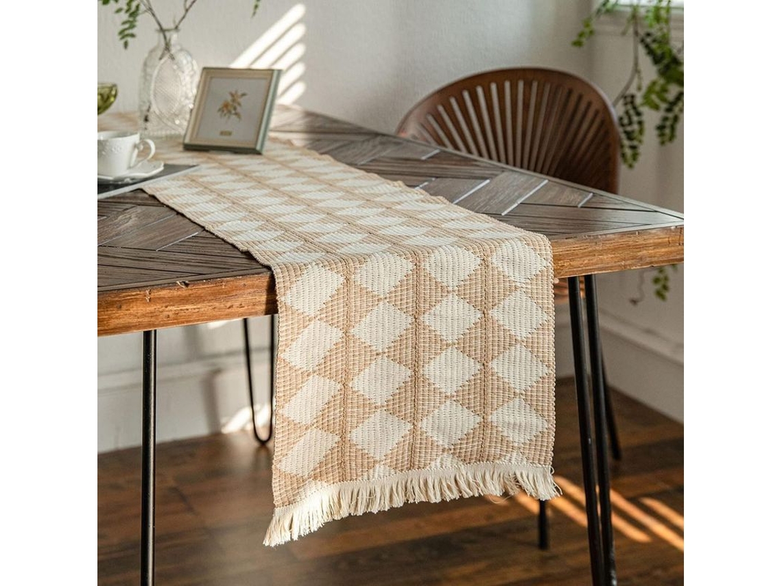 2026-mantel De Mesa Boho Con Borlas, 35x180 Cm, Decoración De Mesa (cuadros Caqui)