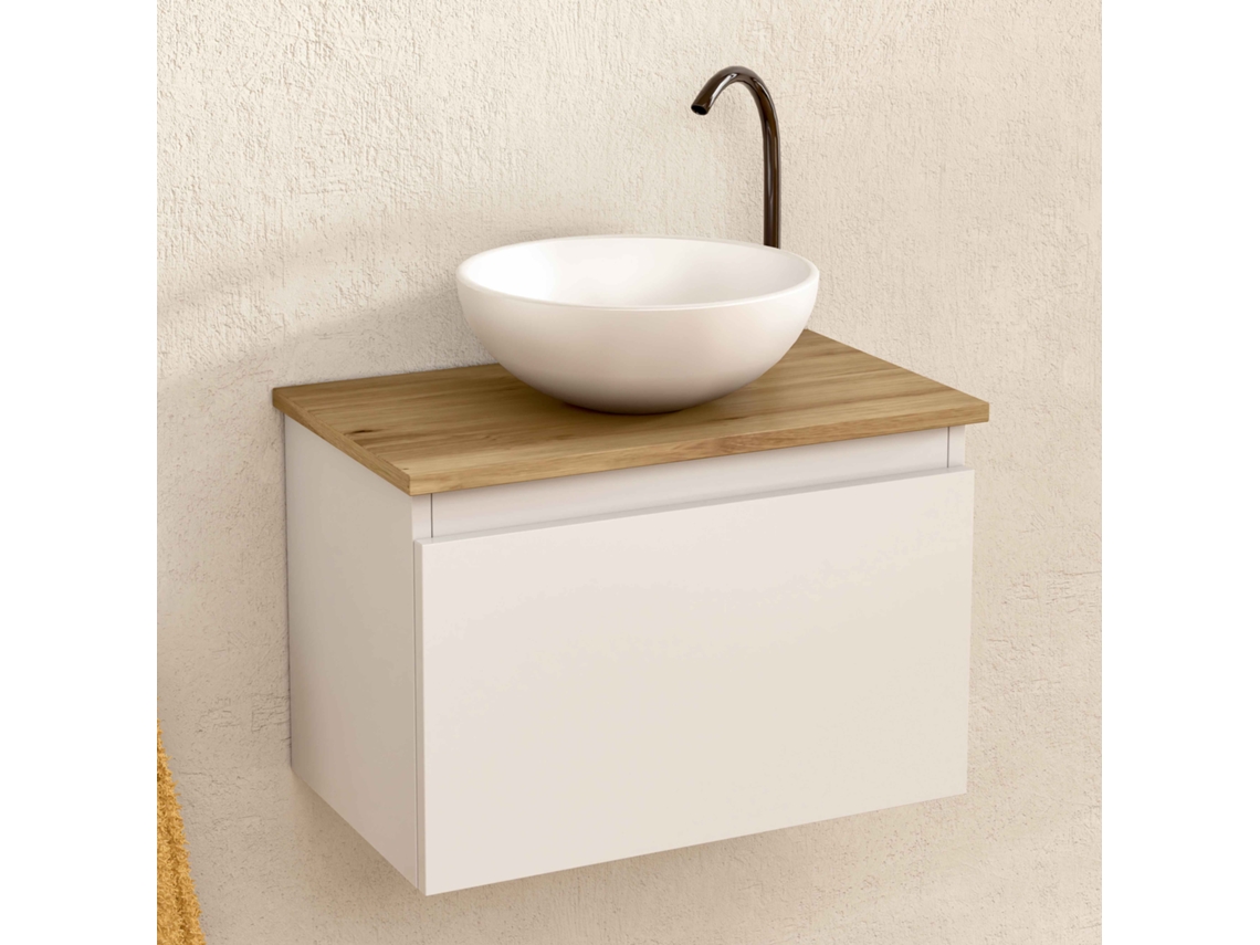 Mueble de baño suspendido con lavabo de cerámica, mueble con puerta abatible de 50 x 32 x 30 cm, mueble blanco y encimera Bellobath de roble.