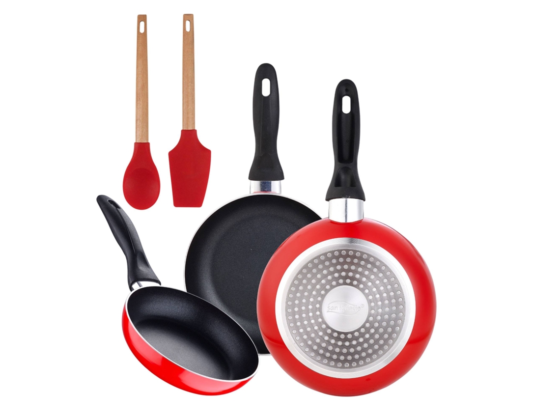 Juego de 3 sartenes Bergner color rojo marino de Ø16ø20ø24 cm con utensilios de cocina