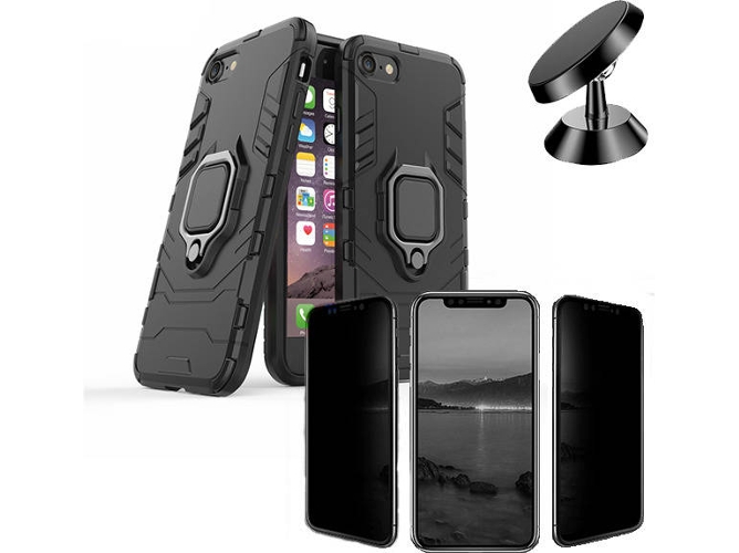 Kit Funda, Protector de Cristal Templado 5D Anti-Spy y Soporte Magnetico iPhone SE 2020 Defender Negro