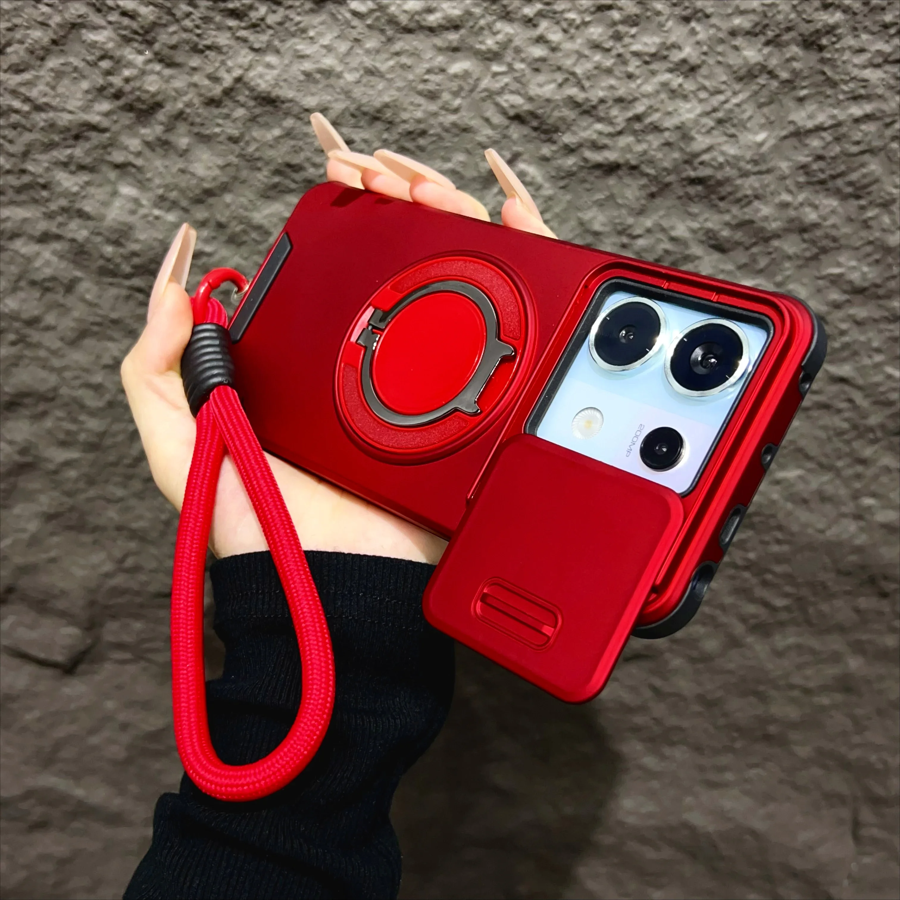 (rojo, Redmi Note 14 5g (global)) Funda Protectora Para Soporte Giratorio 360° Con Aro Magnético De Succión, Protección Antichoque