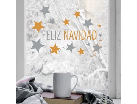Adhesivos Decorativos Electroestáticos PLAGE Feliz Navidad Cita en Español Oro y Estrellas de Plata 29.7 cm X 21 cm