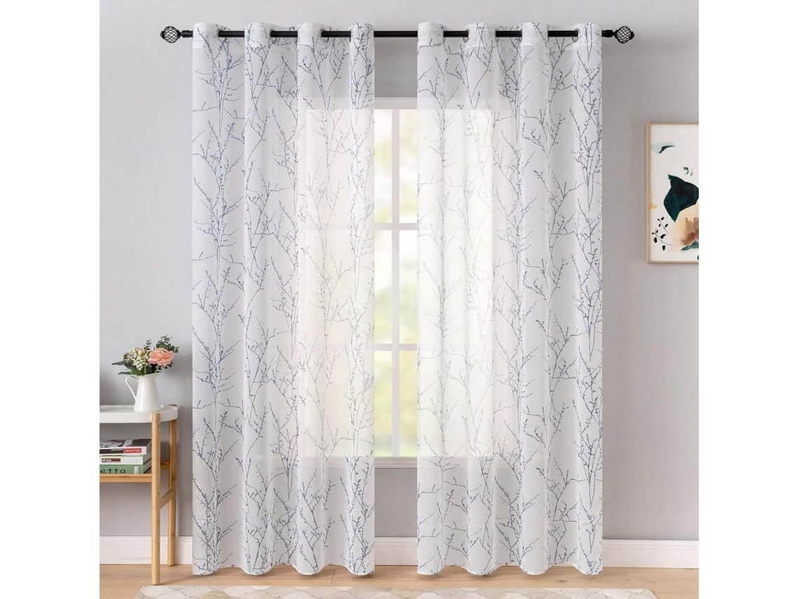 2026-3586-cortinas Translúcidas Linjou 2 Paneles Patrón De Rama Azul 140x160cm Para Dormitorio Sala Balcón 140x160cm Azul