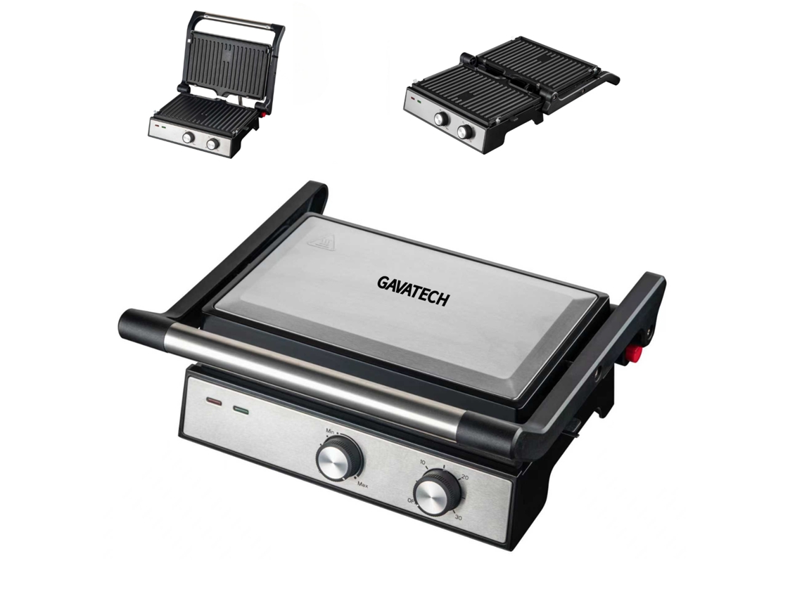 Parrilla de Placa Gavatech 1500 W, Apertura 180º, Control de Temperatura y Temporizador.