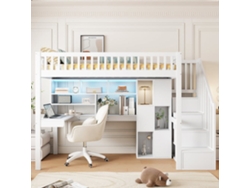 Cama Alta 90x200 Cm - Con Luces Led, Estanterías, Escritorio, Sin Colchón - Blanco