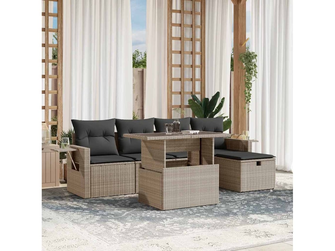 Conjunto 6 Piezas Sofás De Jardin Com Almofadões Vime Pe Cinzento Claro Dkd Home Decor