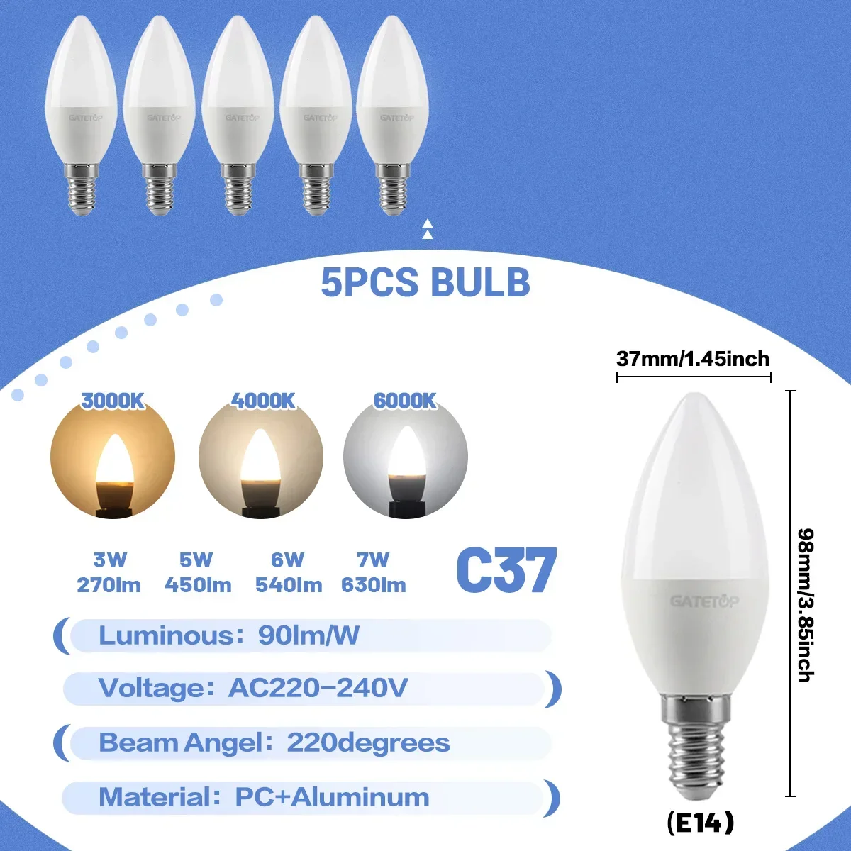 (5 Bombillas, Luz Natural De 4000k) Mini Bombillas Led E14 C37, Adecuadas Para La Iluminación De Dormitorios, Cocinas, Hoteles Y Vestíbulos.
