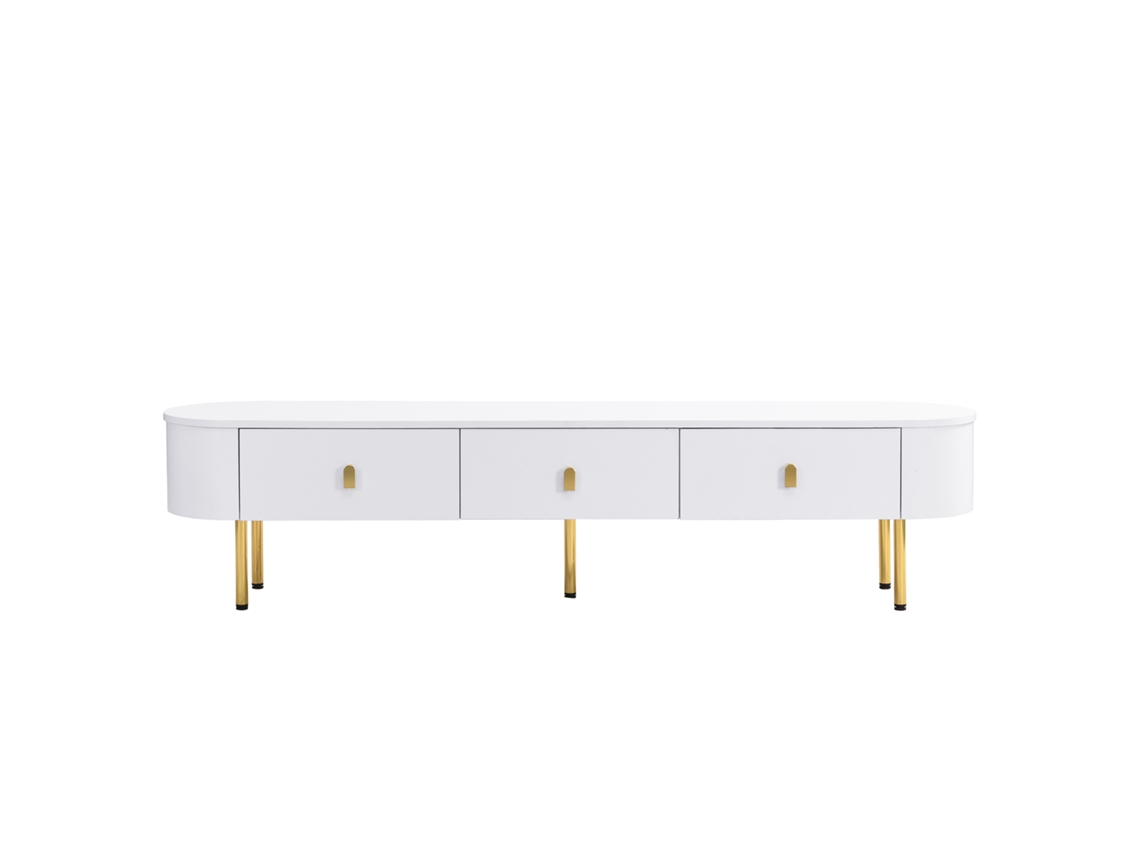 Mueble de TV moderno con 3 cajones y tiradores y patas dorados, blanco Mobrio
