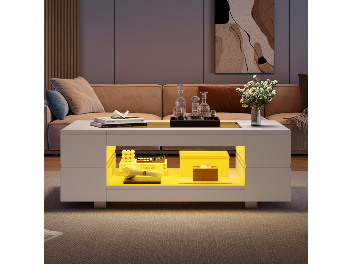 Mesa de centro Mobrio blanca de 100 x 50 x 35 cm con iluminación LED y varios compartimentos.