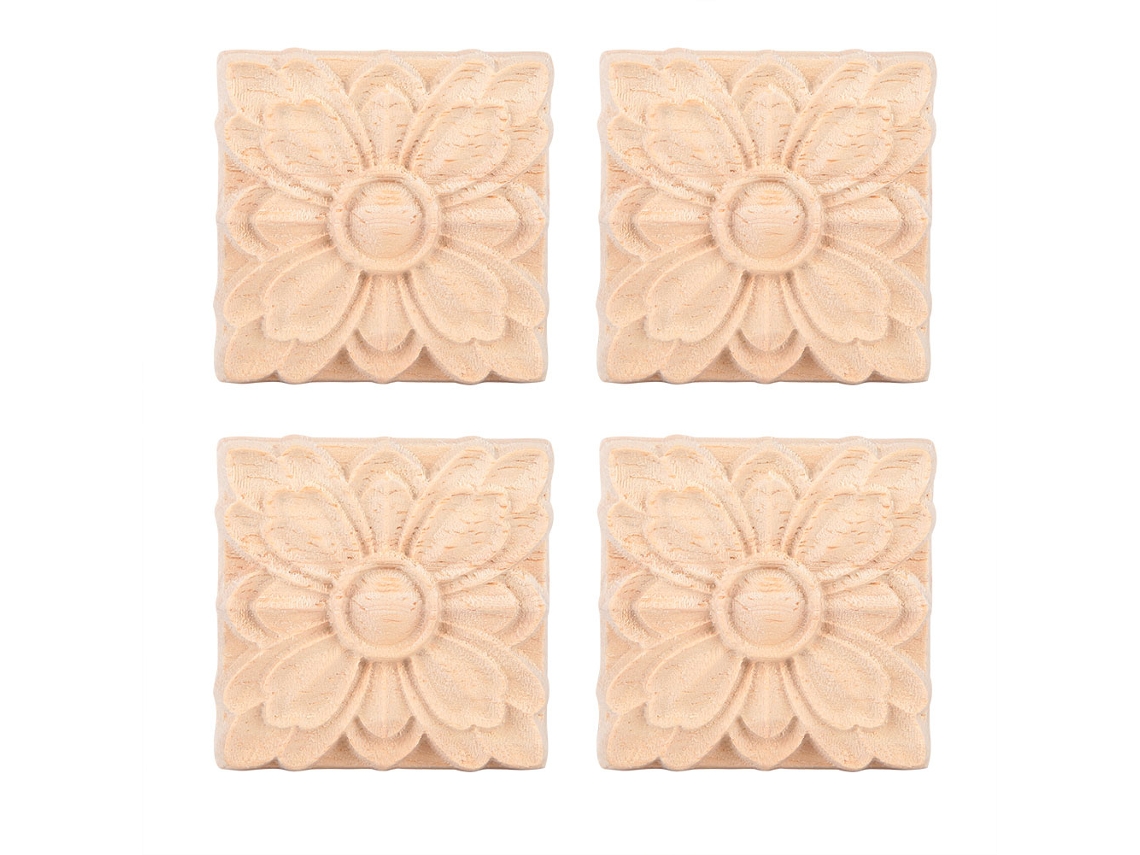 4 Apliques Cuadrados De Madera Grabados Con Forma De Flor Para Decoración De Puertas De Armarios Y Muebles, Sin Pintar (2)