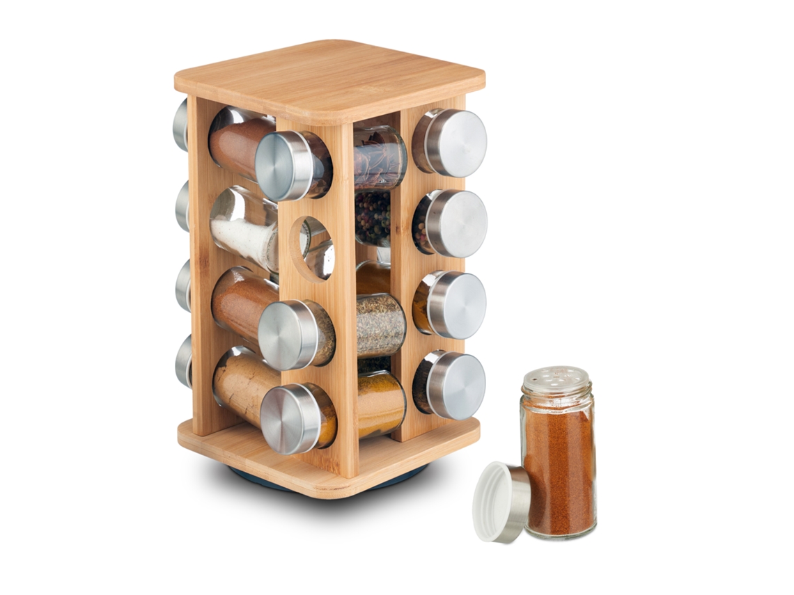 Relaxdays Especiero Para Cocina, 16 Tarros, Giratorio 360°, Estante De Especias, Hierbas, 27 X 17 X 17 Cm, Natural