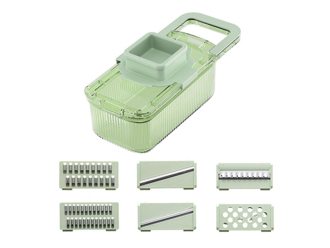 Rallador multifuncional versátil con tres herramientas de corte para frutas y verduras, ideal para uso doméstico y culinario.