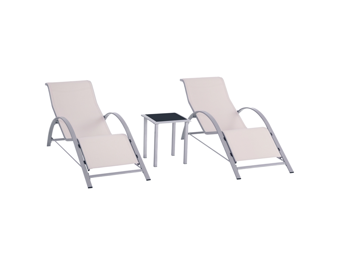 Juego 2 Tumbonas, Mesa Cristal, 59x169x66cm, Crema