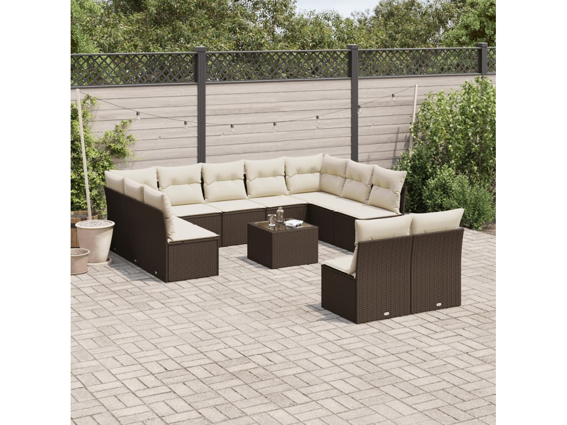 Conjunto de sofá de jardín de 12 piezas con cojines de mimbre sintético marrón, Dkd Home Decor