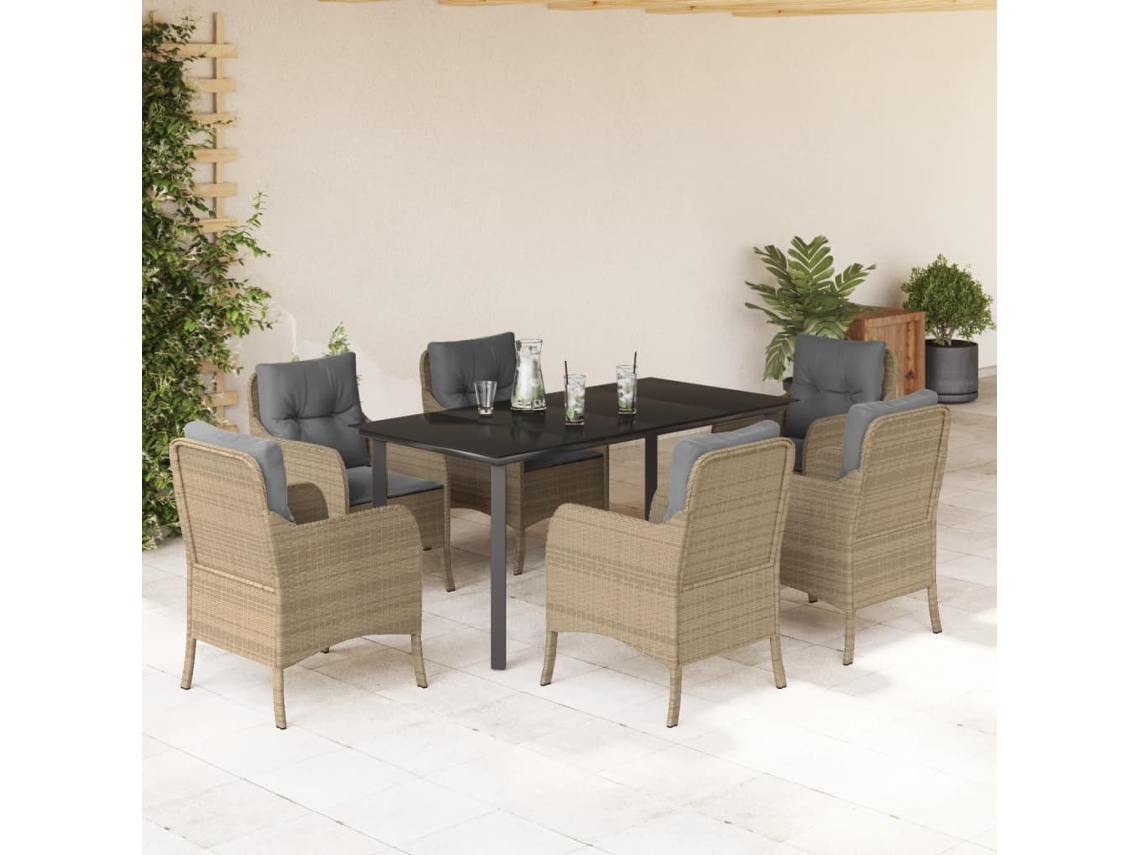 Juego de comedor de jardín de 7 piezas con cojines, mimbre sintético beige, DKD Home Decor