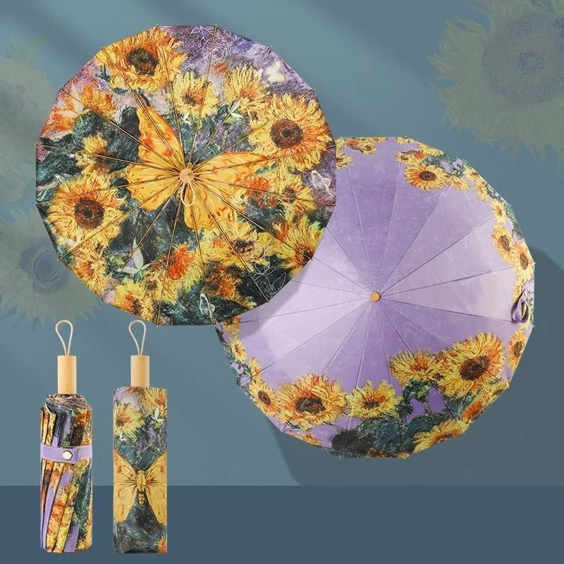 Paraguas Extragrande De Doble Capa, Vinilo Y Patchwork De Doble Cara, Modelo Sunflower 16k, Con 16 Varillas.