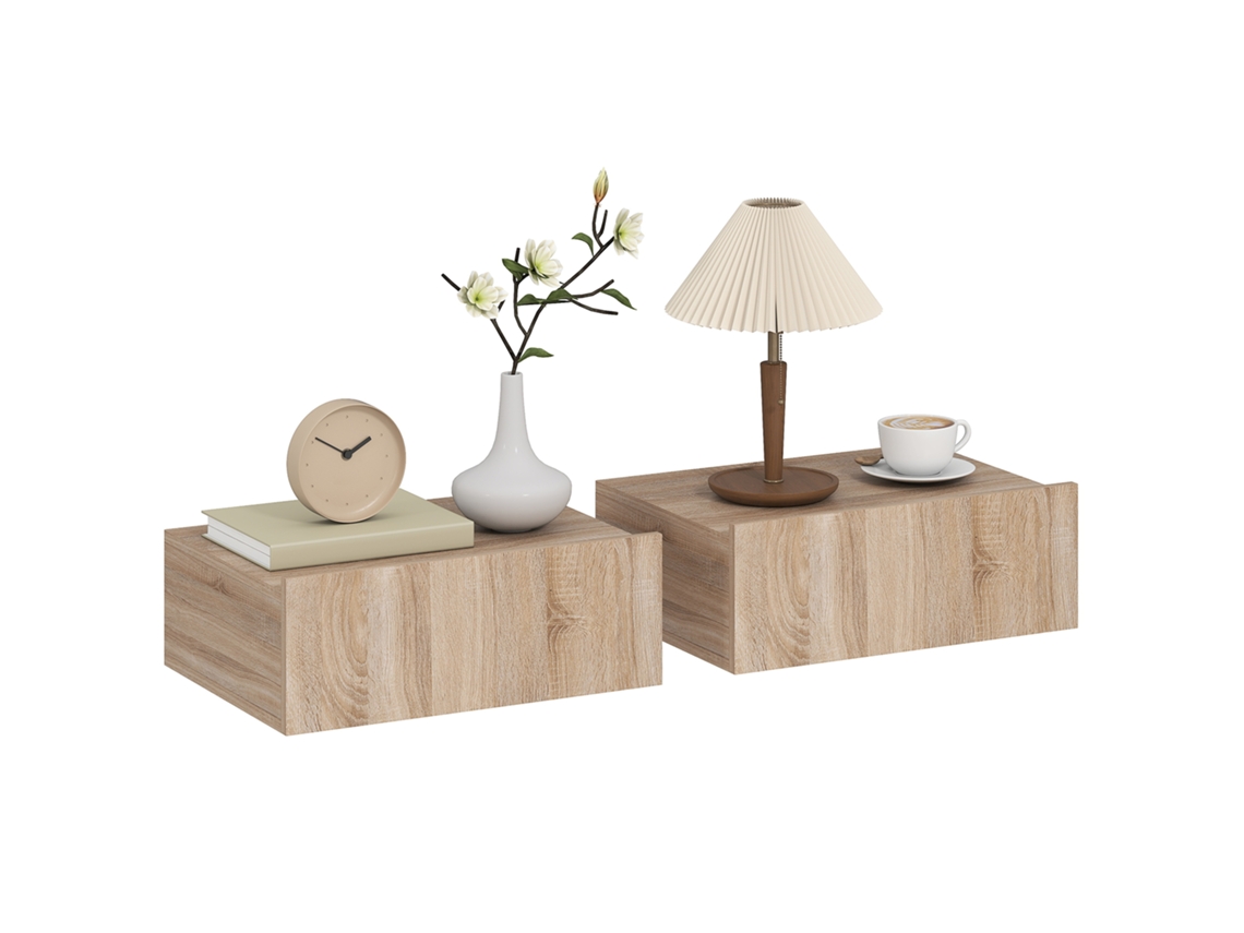 Par De Mesitas De Noche De Pared Con 1 Cajón, 40x30x15cm, Roble, Para Dormitorio.
