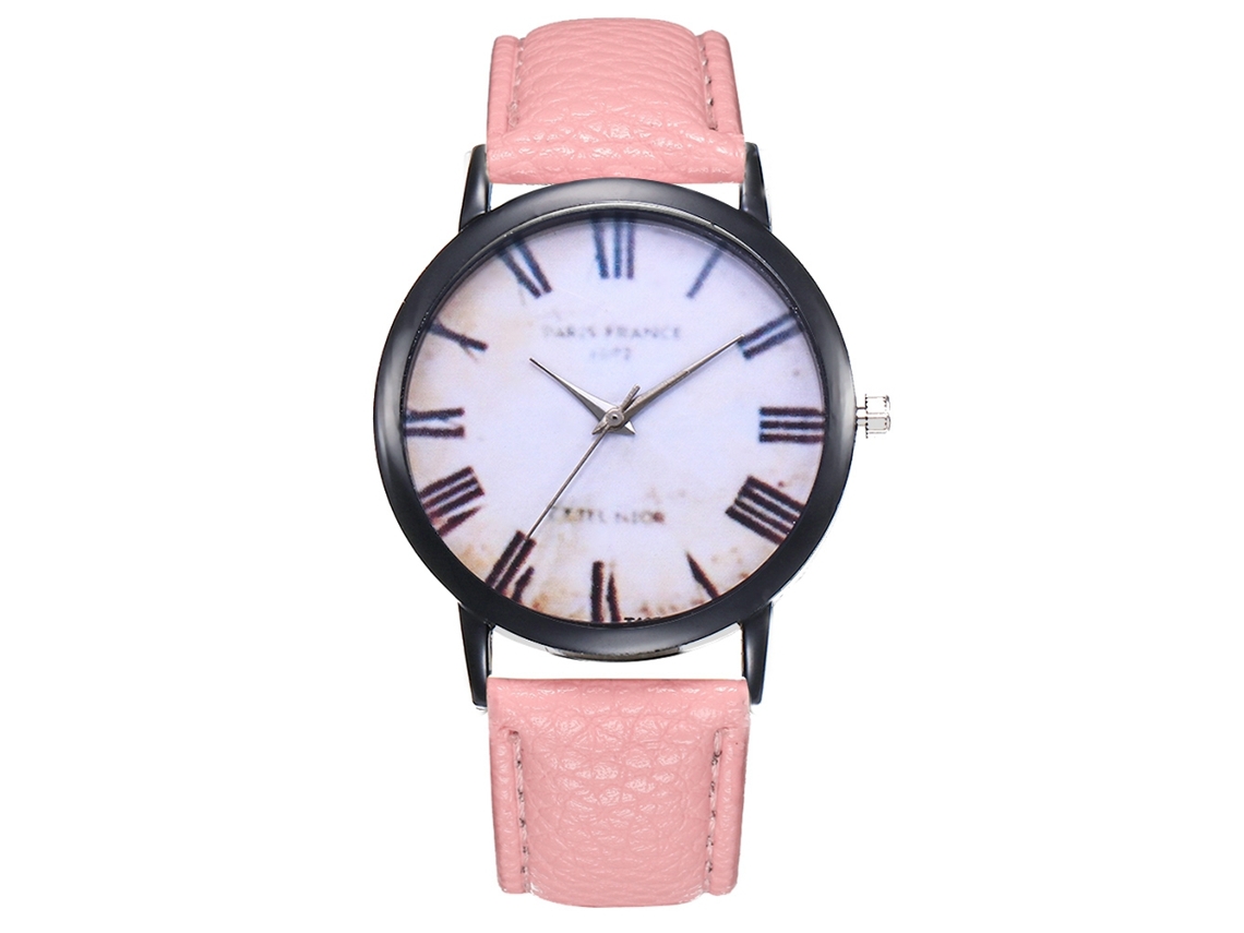 Reloj De Cuarzo Unisex Con Correa De Cuero Pu Moda Dial Redondo Numerales Romanos Rosa