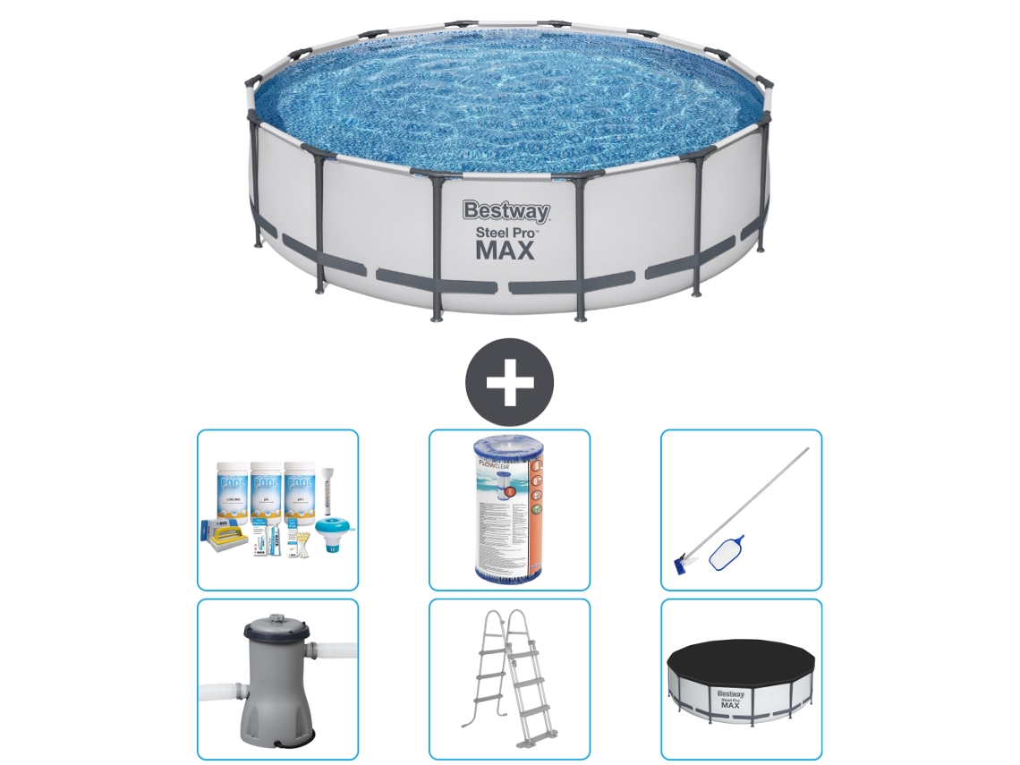 Piscina BESTWAY Round Steel Pro MAX - 427 x 107 cm - Gris - Bomba incluida - Escalera - Cobertor Paquete de mantenimiento - Filtrar - kit de limpieza