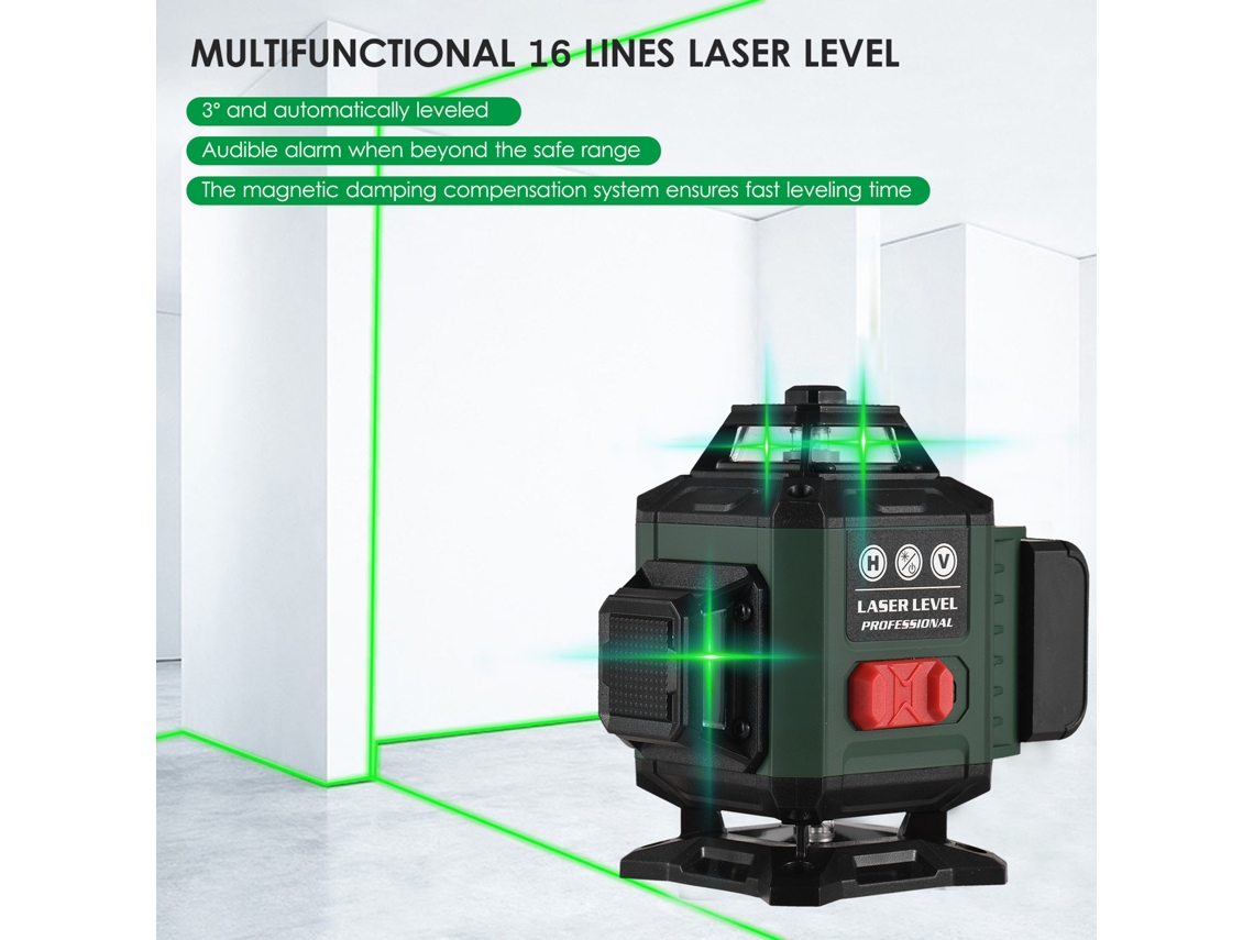 Nivel Láser De 16 Líneas Y 4x360° Con Autonivelación De 3°, Haz Verde, Clasificación Ip54, Control Remoto Y Estuche De Transporte.