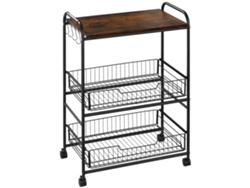 Carrito de cocina de 3 niveles, 2 cestas, 4 ganchos, 60x38x85,5 cm, estilo rústico | Sin marca