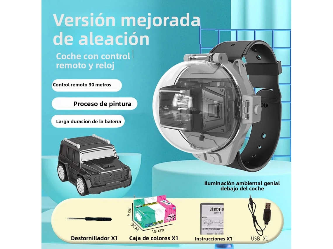 (Negro) Reloj Infantil con Forma de Coche con Control Remoto, Recargable, Fabricado en Metal, con Luces.