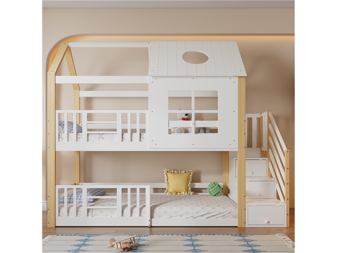 Cama Alta De 90x200 Con Escalera Y Ventana Blanca.