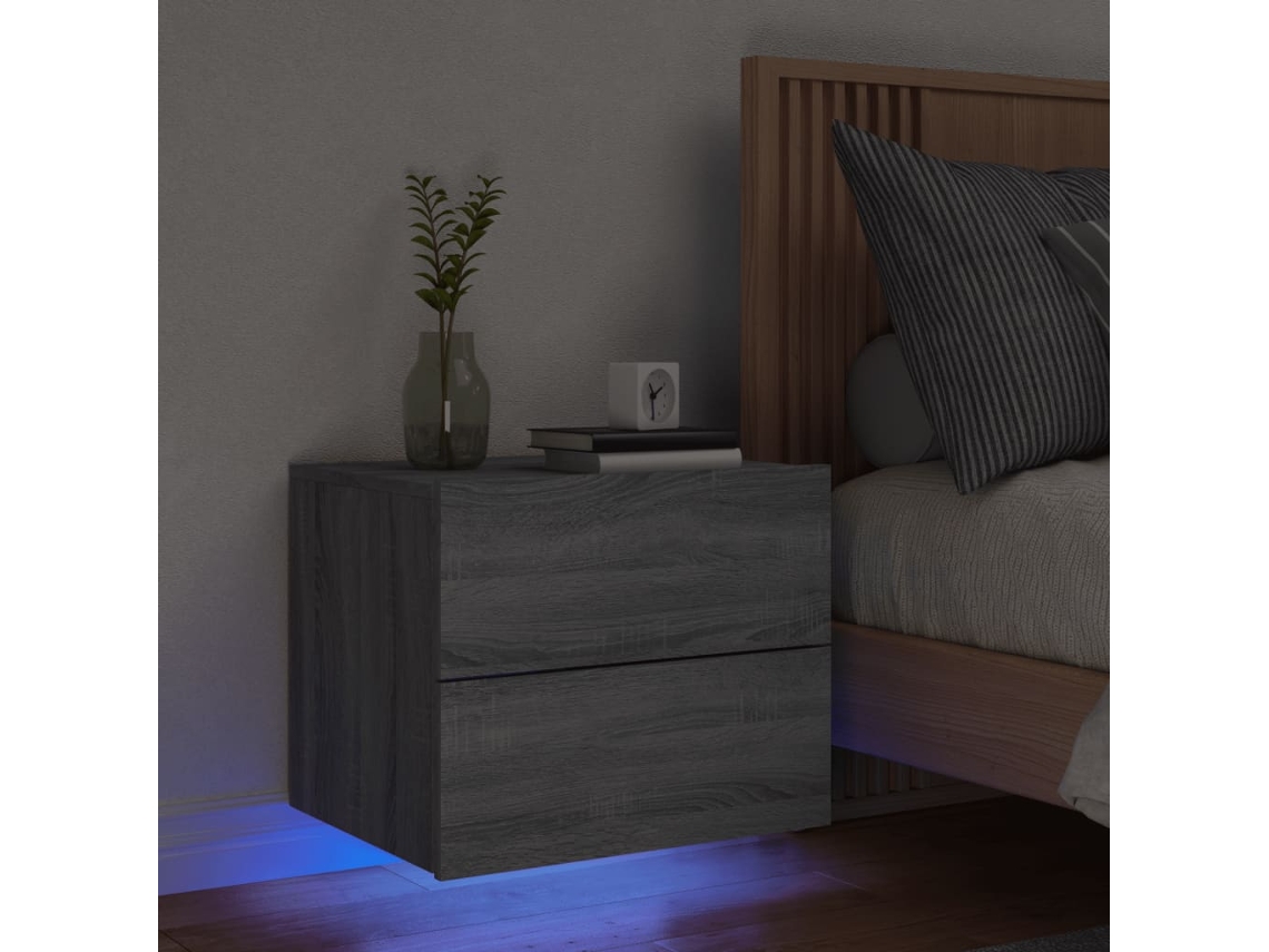 Mesita de Noche Pared Luces Led Madera Gris