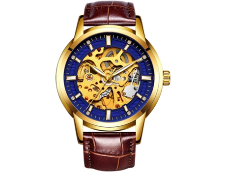 VENAXIN Relojes deportivos automáticos de cuero con esqueleto hueco para hombre-Marrón Azul VEANXIN