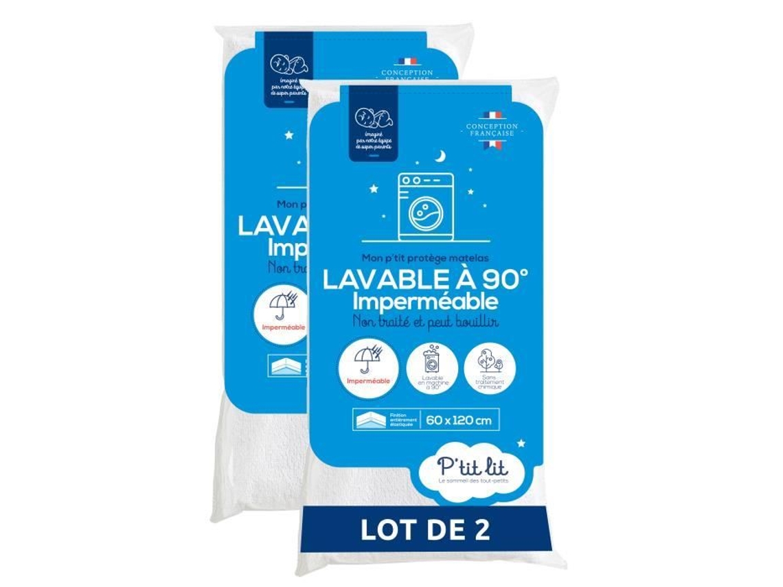 Juego de 2 Protectores de Colchón Bebé 60x120 cm Protector Impermeable y Micro Transpirable Lavable a 90°c Flexible y Silencioso Ptit Lit