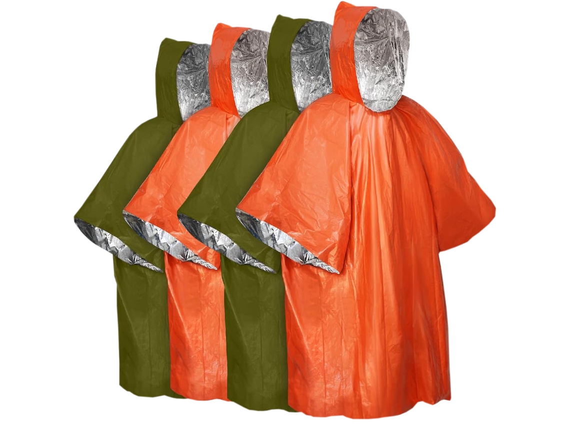 Juego de 4 ponchos impermeables de emergencia, manta térmica y chubasquero con capucha, color naranja metalizado/verde Tommy01