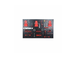Panel de herramientas Relaxdays, 3 paneles perforados, 26 accesorios, 60 x 40 cm, metal, taller, negro/rojo
