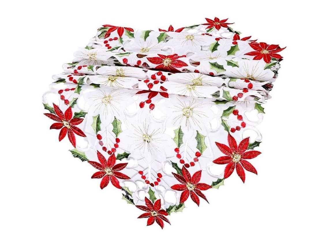 2026-28301-mantel De Mesa Bordado Navideño Con Flor De Pascua, Decoración Navideña Para Hogar