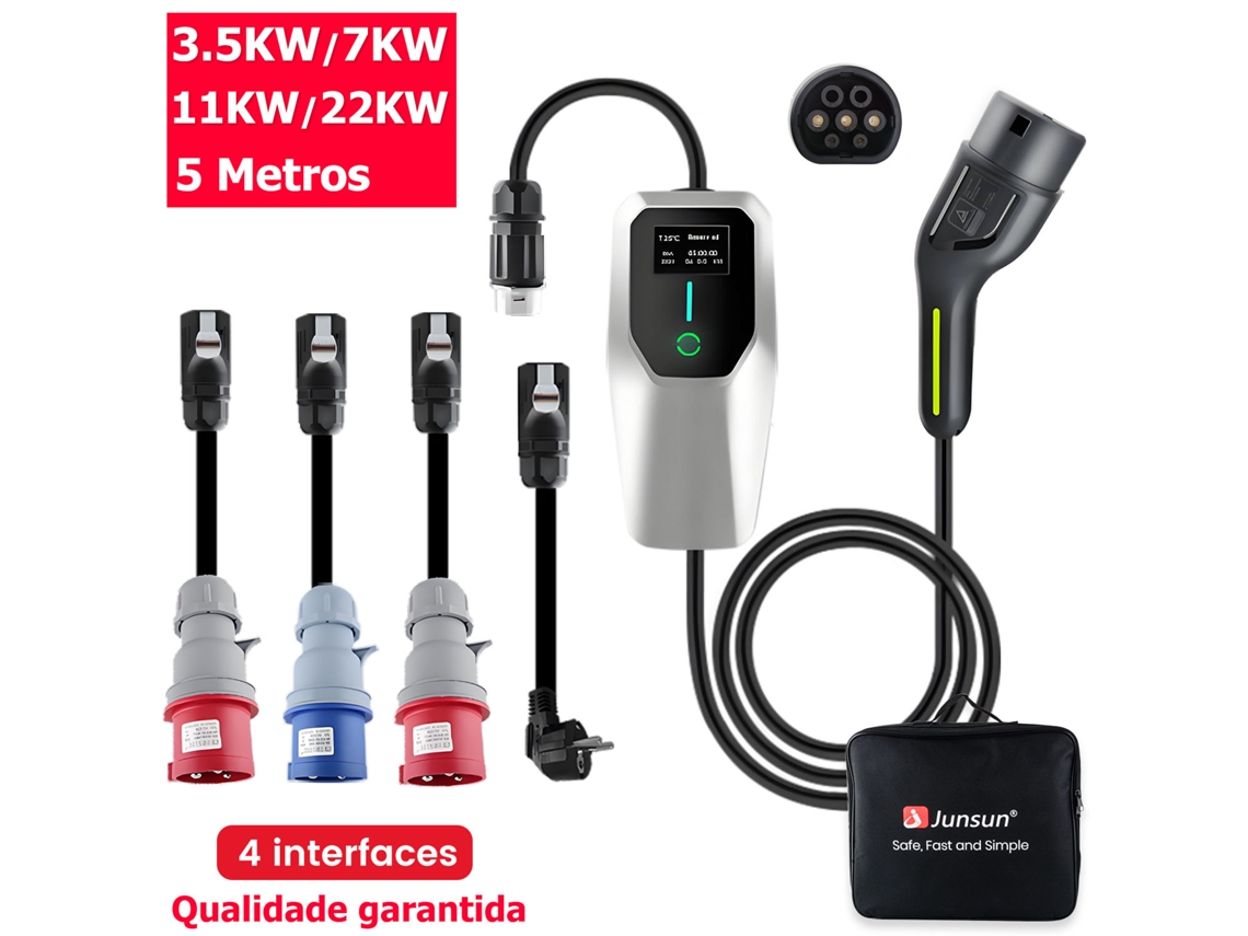 Cargador Portátil Para Vehículos Eléctricos – 22 Kw – 32 A – Cable Tpe De 5 M – Pantalla Lcd – Programación Inteligente