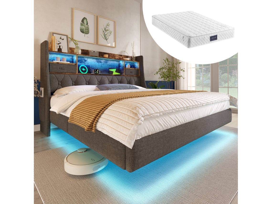 Cama Doble Flotante Tapizada De 160x200 Cm Con Led, Usb/tipo-c, Cabecero Con Espacio De Almacenamiento, Somier De Láminas, Lino Gris (con Colchón).
