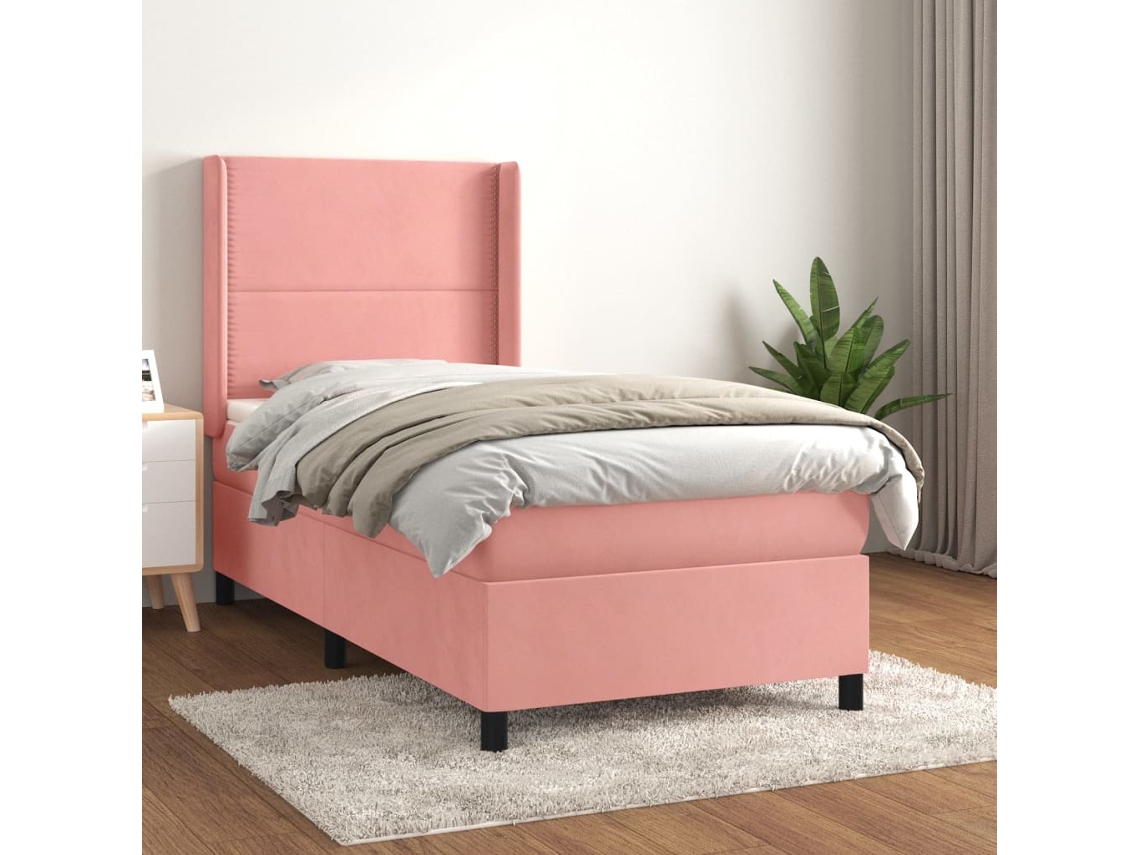 Cama Box Spring Con Colchón Terciopelo Rosa 90x190 Cm