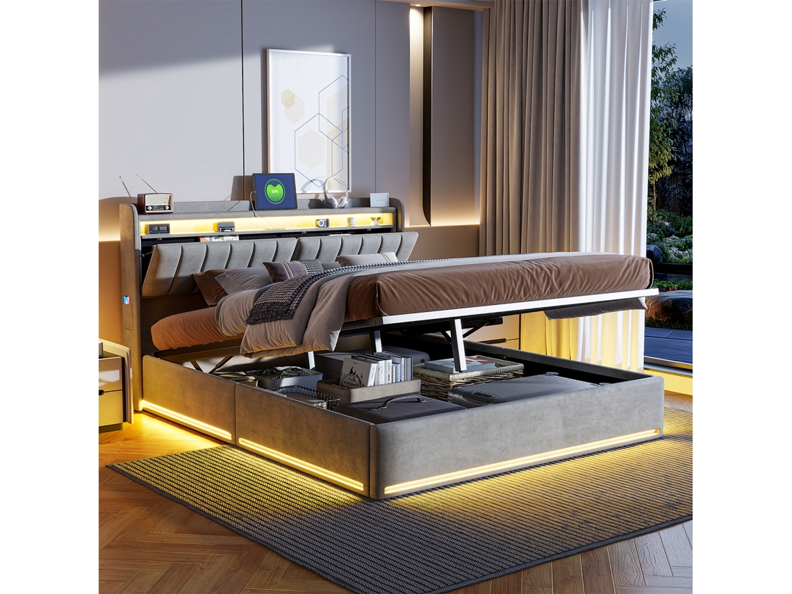 Cama Tapizada De 140 X 190 Cm, Con Iluminación Led Y Puerto Usb, Barra Hidráulica De Almacenamiento, Terciopelo, Color Gris, Sin Colchón