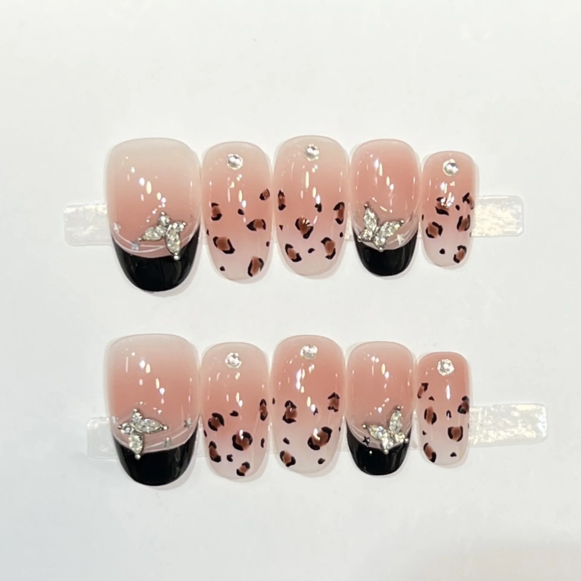 (1136-s) Paquete De 10 Parches De Uñas Postizas Ovaladas Cortas Hechas A Mano