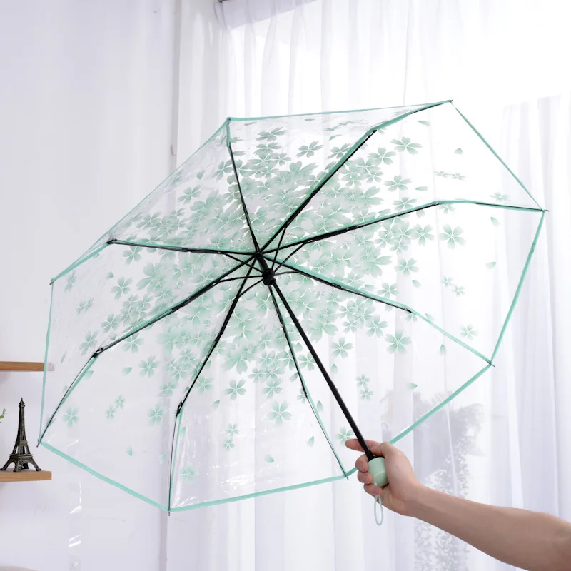 (verde Claro) Un Paraguas Transparente Con Forma De Flor De Cerezo, De Diseño Plegable En Tres Partes, Bonito Y Compacto, Hermoso Y Refrescante.