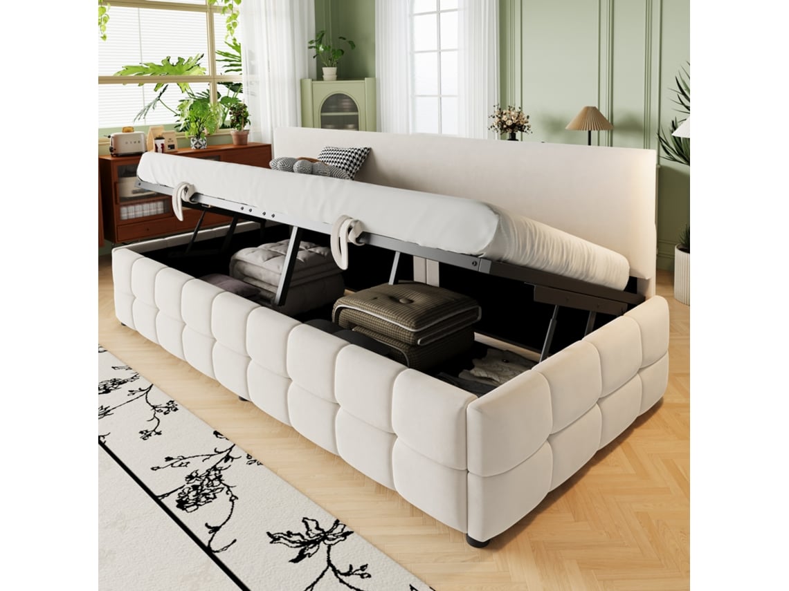 Sofá Cama De Terciopelo Beige, 90x200 Cm, Hidráulico, Texturizado, Sin Brazos.