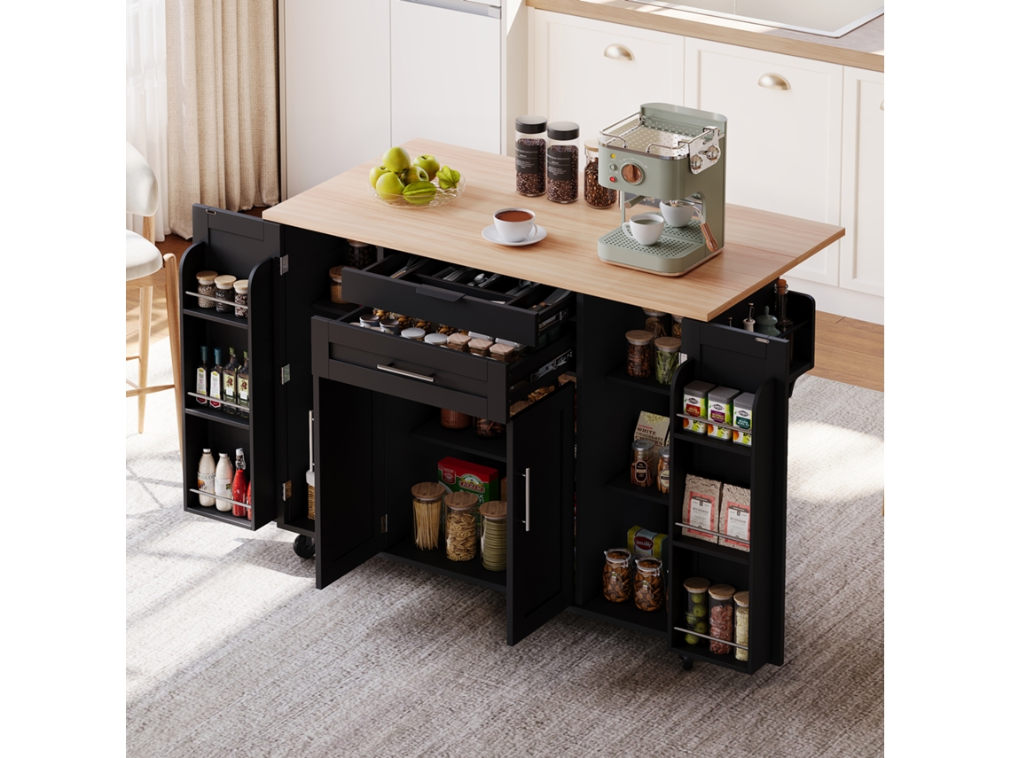 Isla De Cocina Móvil De 120x45cm Con Encimera Extensible De 70cm Y Cajón Oculto.