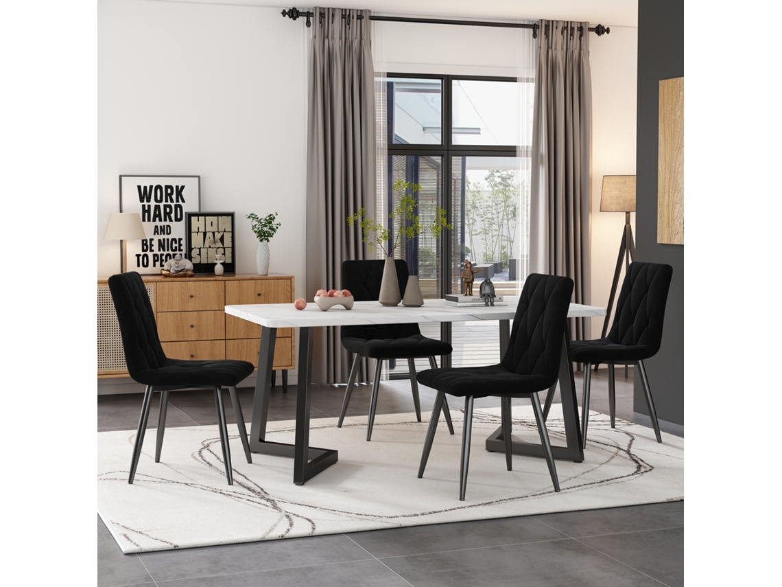 Mesa de 117 cm con 4 sillas, terciopelo negro, estilo moderno.