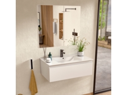 Mueble de baño suspendido con lavabo de cerámica y espejo, mueble con 1 cajón, 100 x 27 x 45 cm, Bellobath White Cabinet