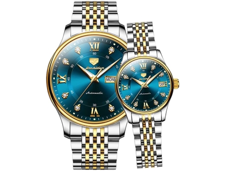 VEANXIN Juego de reloj mecánico automático con diamantes para pareja, regalo de boda romántico(azul)