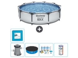 Piscina BESTWAY Round Steel Pro MAX - 305 x 76 cm - Gris - Bomba incluida Cubrir - Paquete de mantenimiento - Filtrar - Baldosas