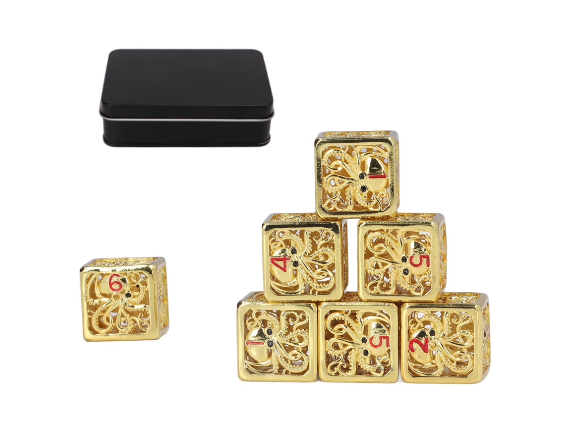 Set De 7 Dados Metálicos Huecos Con Patrón De Pulpo Cuadrado Para Juegos De Rol Fiesta Día Festivo Cobre Rojo Y Oro
