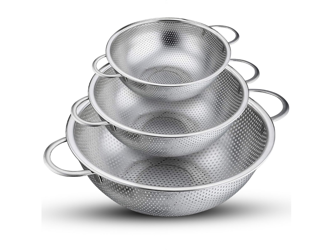 3 Coladores Plateados De Acero Inoxidable De Ø21/29/35 Cm Para Lavar Arroz, Verduras Y Frutas.