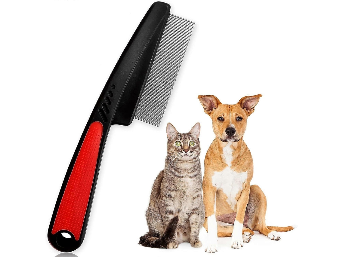 Peine antipulgas para perros y gatos, peine con mango de goma, cepillos de acero inoxidable (rojo)