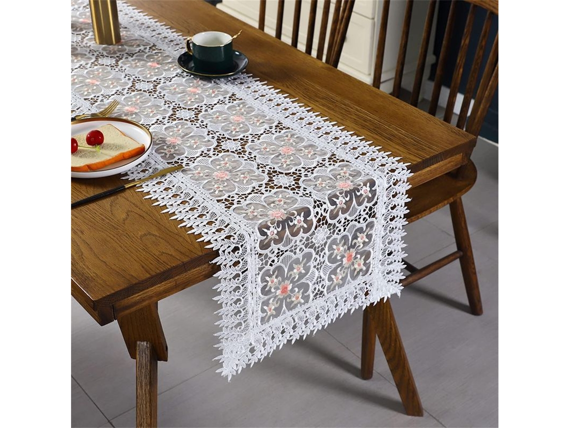Runner de Mesa Retangular de Renda Branco Tecido de Algodão e Linho 15x71 Polegadas